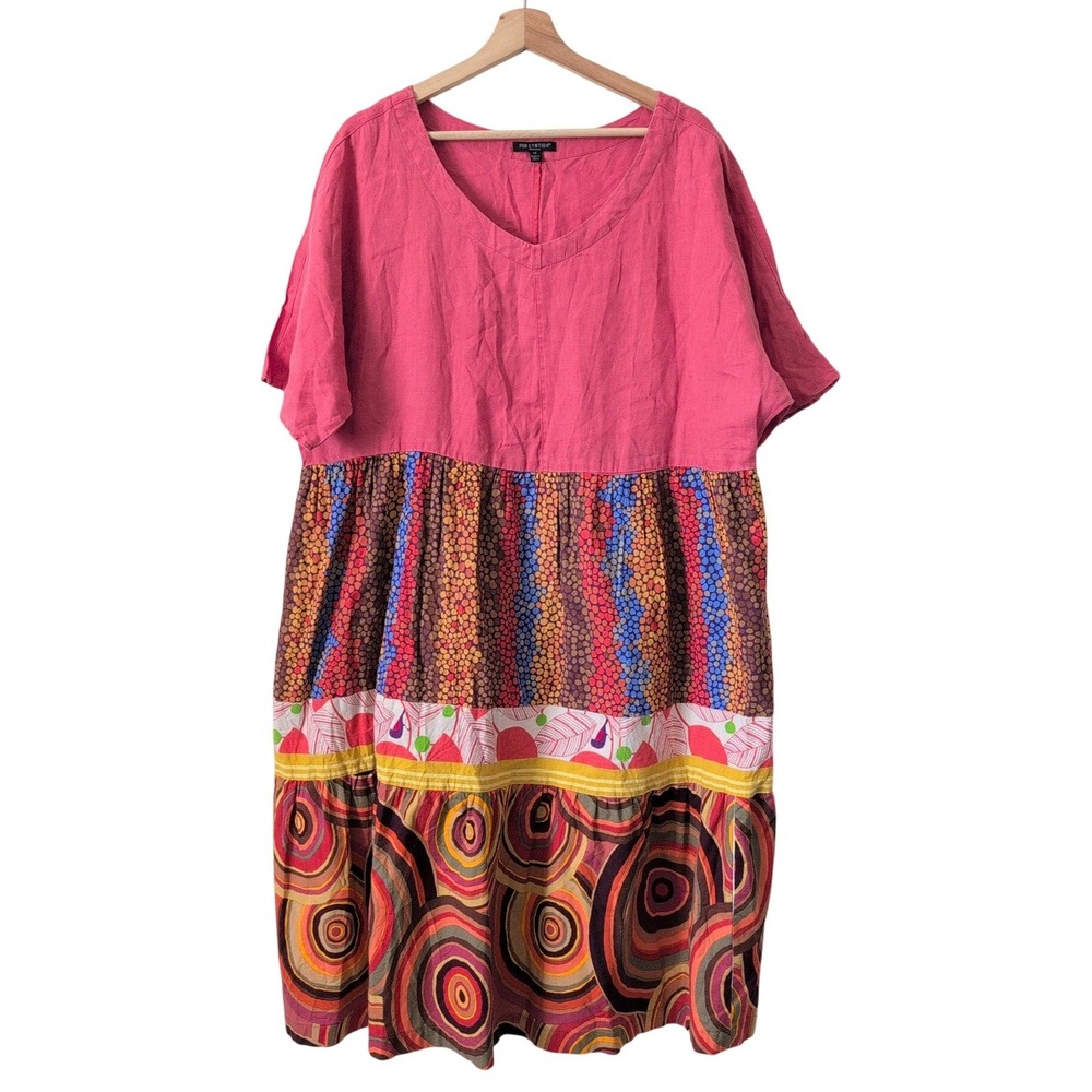 For Cynthia Woman Pink Mixed Print Tiered Linen Dress 1X Plus Boho Patchwork